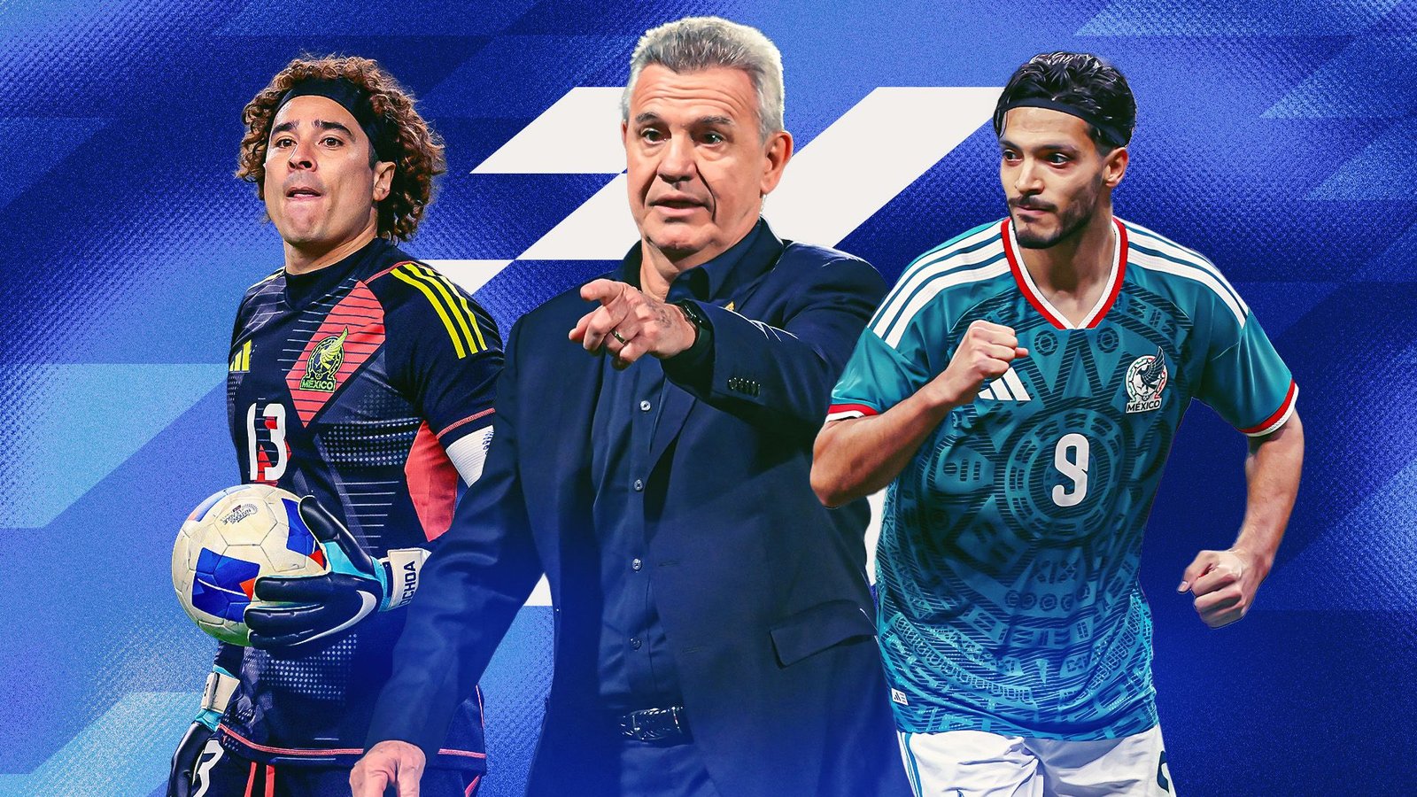 Projection du roster mexicain pour la Coupe du Monde 2026 présentant le gardien Guillermo Ochoa, l'entraîneur Diego Cocca et l'attaquant Raúl Jiménez sur fond bleu.