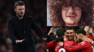 Michael Carrick faisant des gestes pendant un match, aux côtés d'un supporter aux cheveux bouclés et des joueurs de Manchester United célébrant un but.