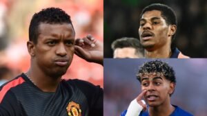 Nani fait un geste pensif, tandis que Marcus Rashford et Bukayo Saka observent l'action. Les couleurs de Manchester United et de l'Angleterre dominent l'image.