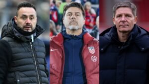 Trois candidats au poste d'entraîneur de Tottenham : Pedro Martins, Mauricio Pochettino et Oliver Glasner, chacun portant une veste distinctive sur des arrière-plans variés.