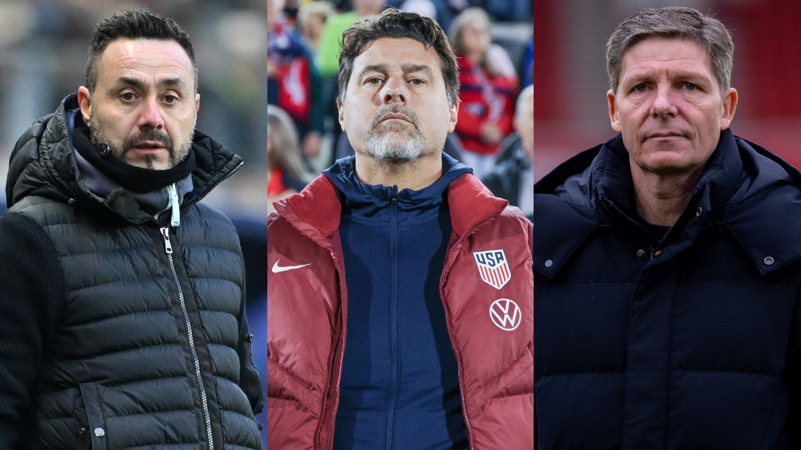 Trois candidats au poste d'entraîneur de Tottenham : Pedro Martins, Mauricio Pochettino et Oliver Glasner, chacun portant une veste distinctive sur des arrière-plans variés.