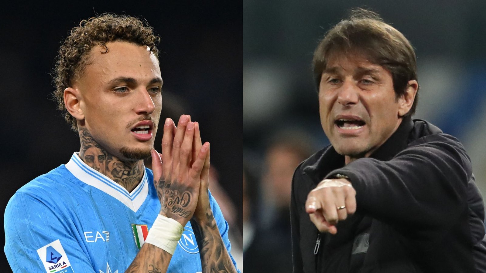 Noa Lang exprime sa frustration pendant un match, tandis qu'Antonio Conte gesticule avec emphase, mettant en lumière leur lien avec Naples.