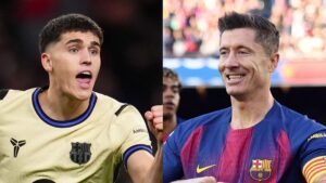 Pau Cubarsi and Robert Lewandowski pose in Barcelona kits, with Cubarsi celebrating and Lewandowski smiling, showcasing their camaraderie.
