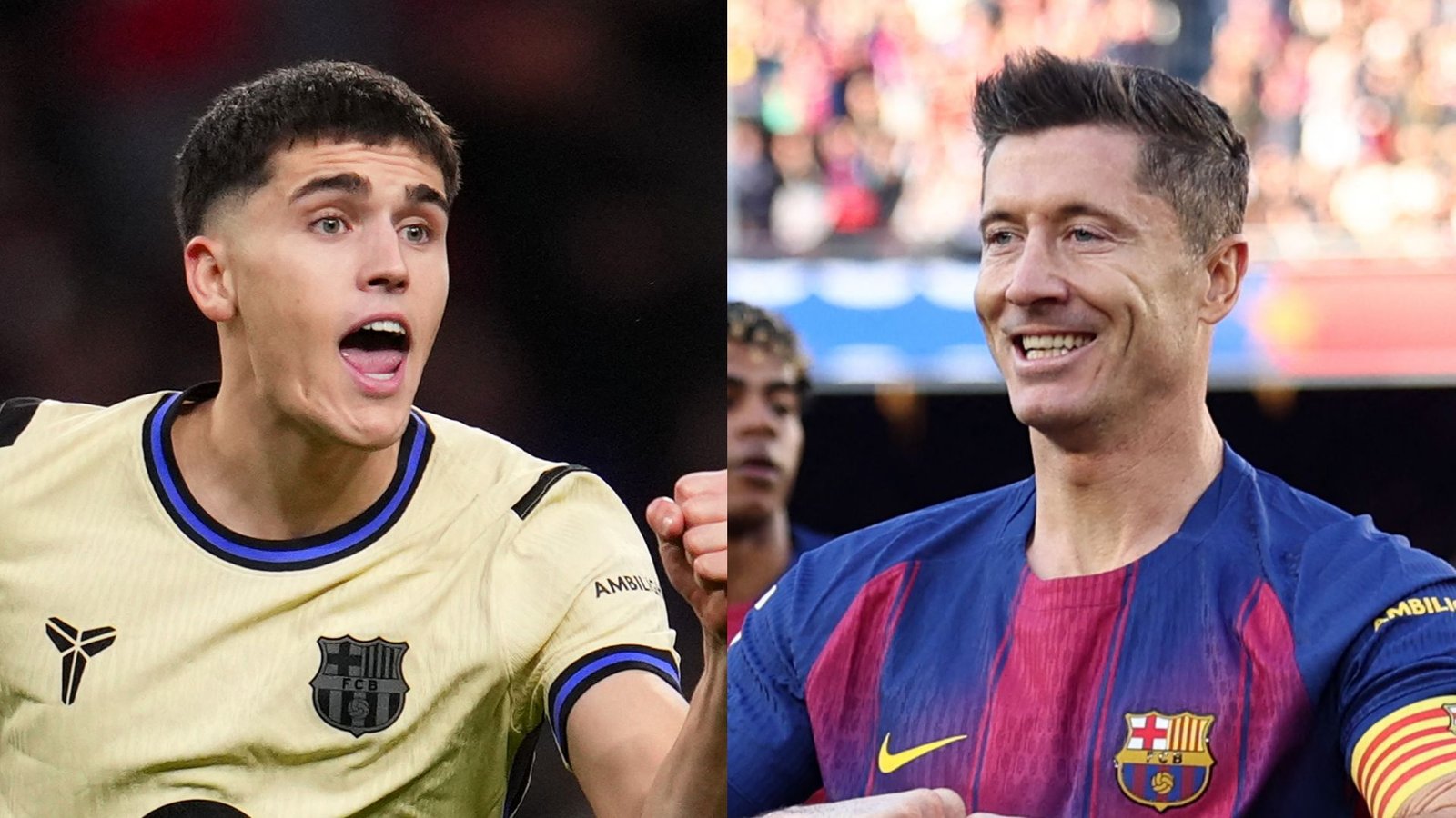 Pau Cubarsi and Robert Lewandowski pose in Barcelona kits, with Cubarsi celebrating and Lewandowski smiling, showcasing their camaraderie.
