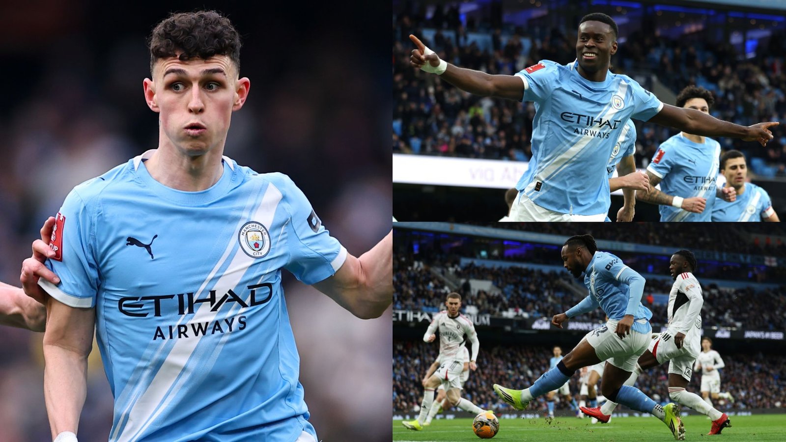 Phil Foden van Manchester City vertrekt een grimas terwijl hij een doelpunt viert, waarbij het blauwe tenue van het team wordt getoond tegen Salford in de FA Cup-wedstrijd.