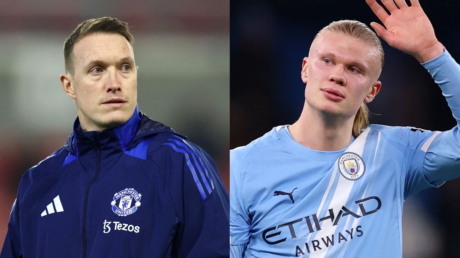 Phil Jones, portant une veste bleue de Manchester United, aux côtés d'Erling Haaland en tenue bleu clair de Manchester City, illustrant l'opposition de leurs équipes.