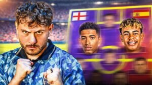 Marcus Rashford and Lamine Yamal feature in a combined England and Spain XI graphic, set against a vibrant stadium backdrop.
