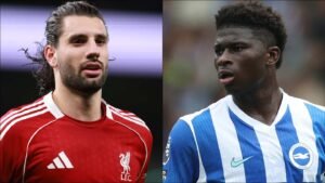 Liverpool player in red kit alongside Brighton player in blue and white stripes, highlighting a potential transfer rivalry.