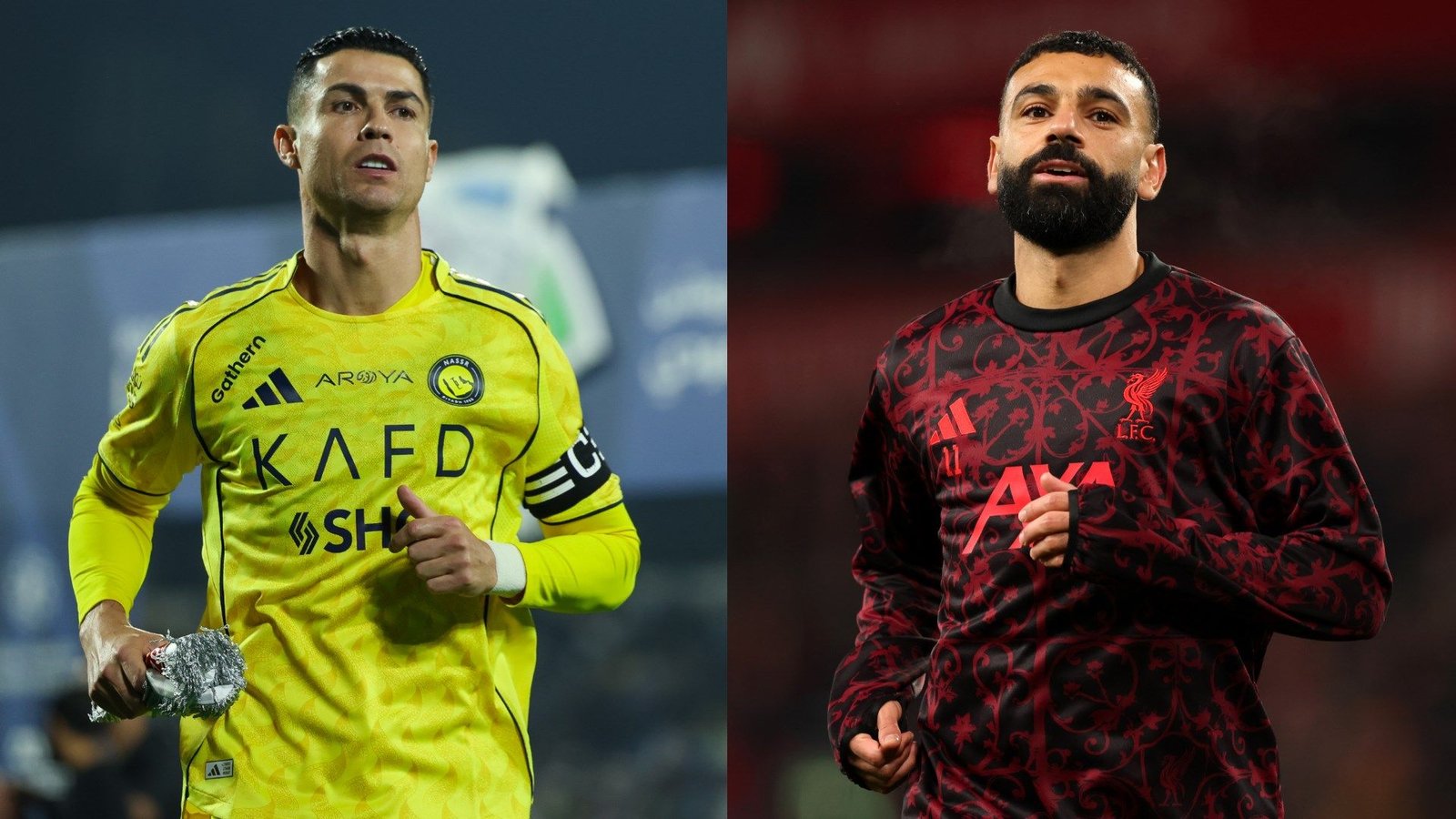 Cristiano Ronaldo portant le maillot jaune d'Al-Nassr et Mohamed Salah en tenue d'entraînement noire de Liverpool, illustrant deux superstars du football.