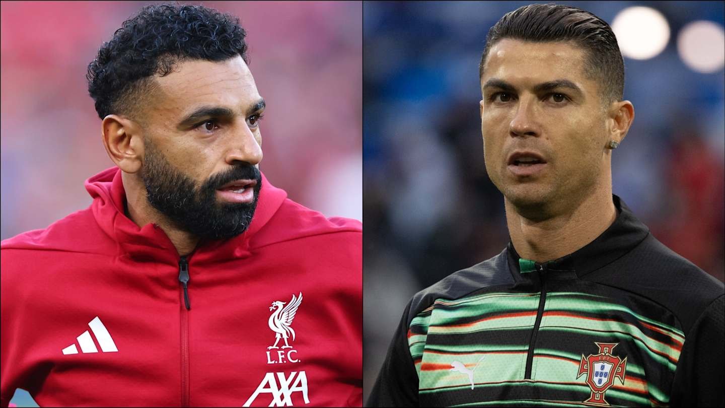 Mohamed Salah in a red Liverpool kit, alongside Cristiano Ronaldo in a green Portugal jersey, highlighting a potential transfer news context.