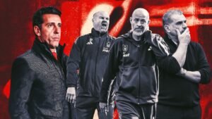 Sleutelfiguren in Nottingham Forest's trainerwissels, waaronder Sean Dyche en andere coaches, tegen een dynamische rode achtergrond.