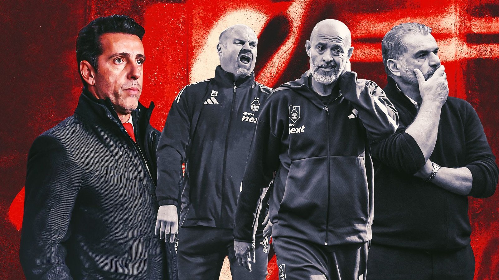 Sleutelfiguren in Nottingham Forest's trainerwissels, waaronder Sean Dyche en andere coaches, tegen een dynamische rode achtergrond.