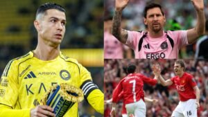 Cristiano Ronaldo en tenue jaune d'Al Nassr, Lionel Messi en rose pour l'Inter Miami, et une scène de célébration avec Ronaldo et un coéquipier en rouge de Manchester United.