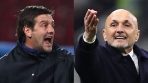 Spalletti and Chivu animatedly discussing tactics during a match, showcasing intense emotions in their gestures.