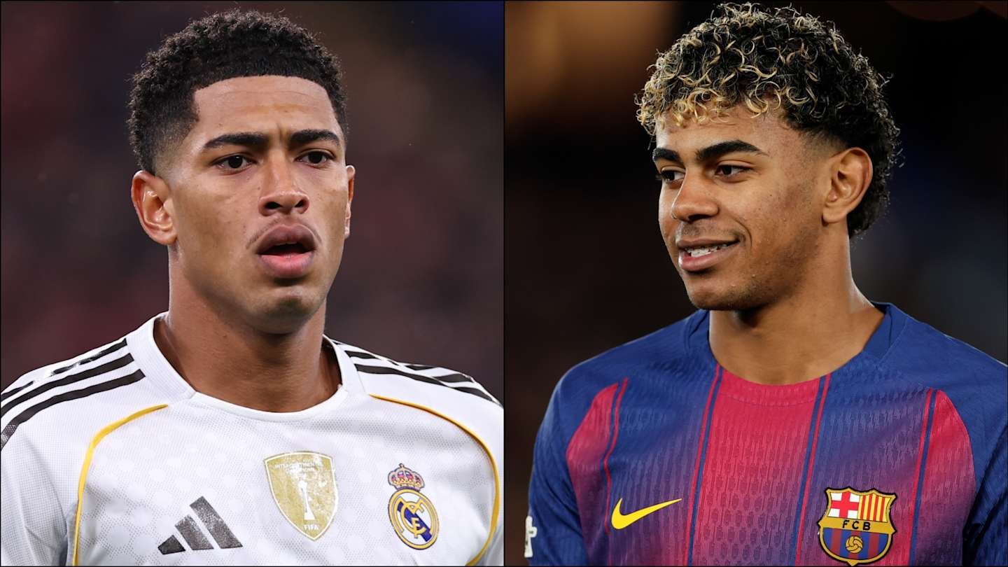Jude Bellingham in a Real Madrid kit alongside Lamine Yamal in a Barcelona kit, representing fierce rivals in Spanish football.