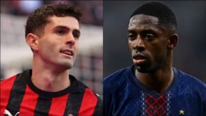 Christian Pulisic in a red and black AC Milan kit, alongside Ousmane Dembélé in a blue France jersey, highlighting transfer rumours.