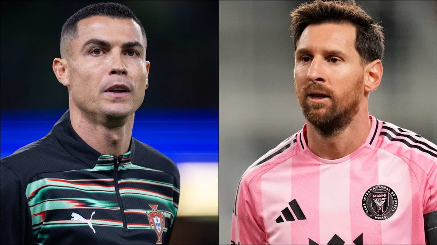 Ronaldo in a Portugal jersey and Messi in a pink Inter Miami kit, both showcasing intense expressions amid transfer speculation.