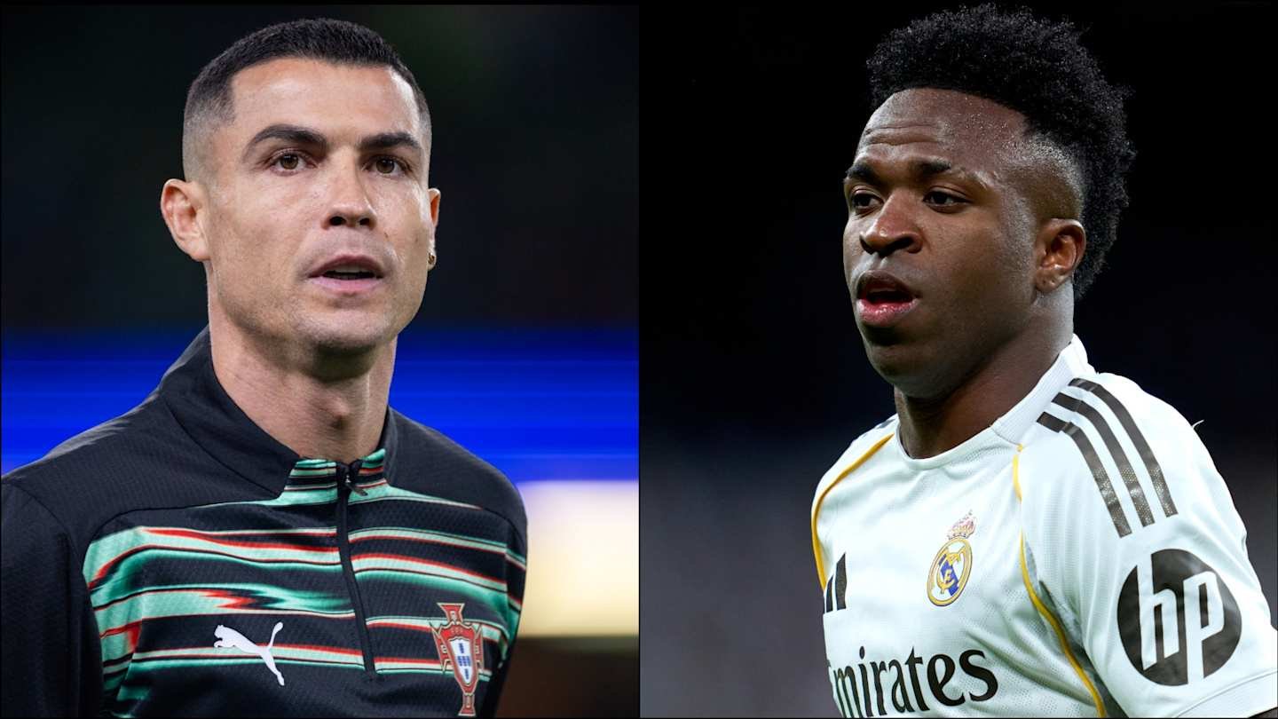 Cristiano Ronaldo in a Portugal kit alongside Vinicius Jr in a Real Madrid jersey, highlighting potential transfer rumours.