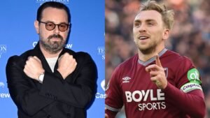 Split image featuring a man with glasses and a black outfit on the left, and Jarrod Bowen in West Ham's claret and blue kit celebrating a goal on the right.