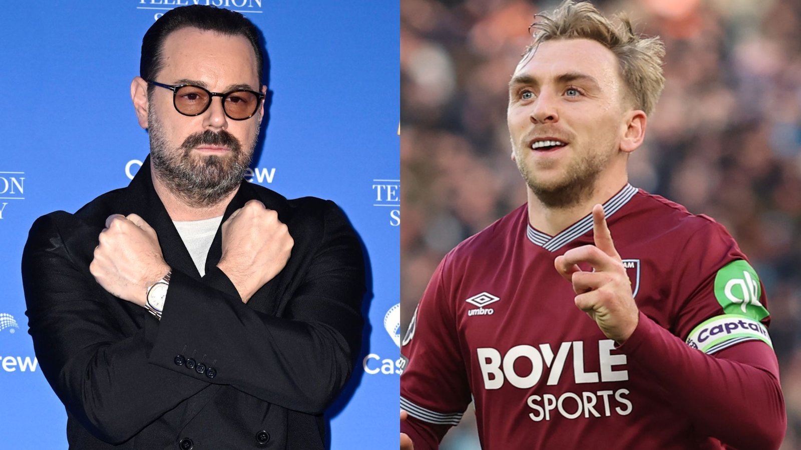 Split image featuring a man with glasses and a black outfit on the left, and Jarrod Bowen in West Ham's claret and blue kit celebrating a goal on the right.