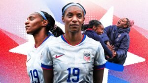 Crystal Dunn, portant le maillot numéro 19 de l'équipe féminine de football des États-Unis, se tient avec assurance devant un fond étoilé vibrant, mettant en lumière son héritage et sa célébration.