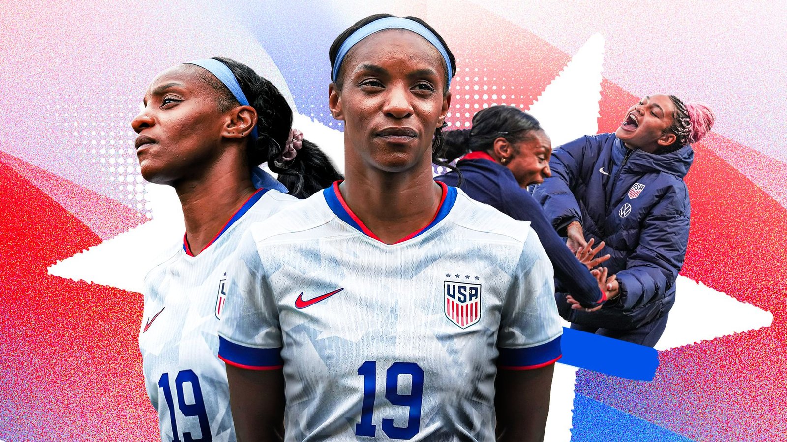 Crystal Dunn, portant le maillot numéro 19 de l'équipe féminine de football des États-Unis, se tient avec assurance devant un fond étoilé vibrant, mettant en lumière son héritage et sa célébration.