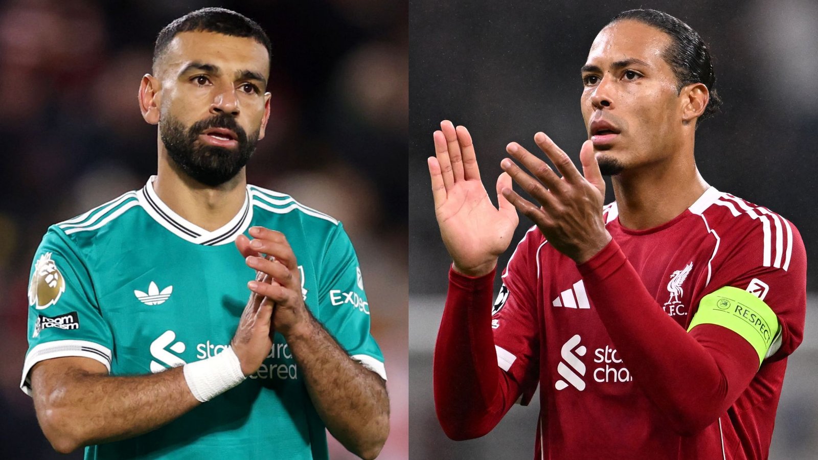 Mohammed Salah in een groenblauw tenue applaudisseert links, terwijl Virgil van Dijk in een rood Liverpool-tenue rechts klapt.