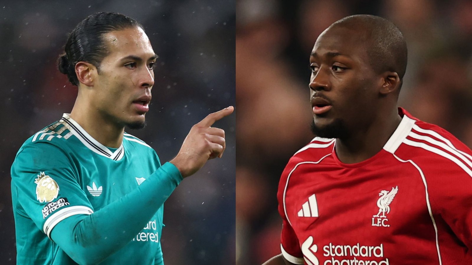 Virgil van Dijk wijzend tijdens het spreken, gekleed in een turquoise Liverpool-tenue, naast Ibrahima Konaté in een rood Liverpool-shirt, tijdens een wedstrijd.