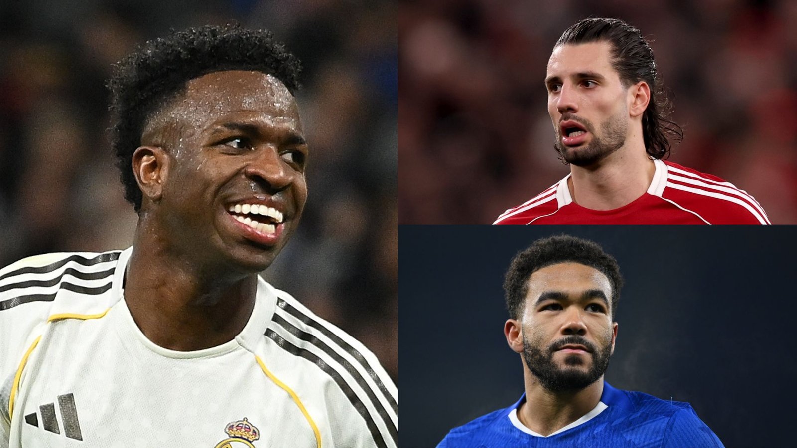 Vinícius Júnior smiles while celebrating, flanked by Dominik Szoboszlai in a red kit and Reece James in blue from Chelsea.