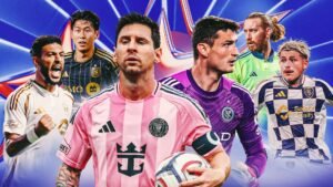 Lionel Messi in a pink jersey leads a vibrant collage featuring MLS stars like Hwang Hee-chan, and goalkeepers in dynamic action.