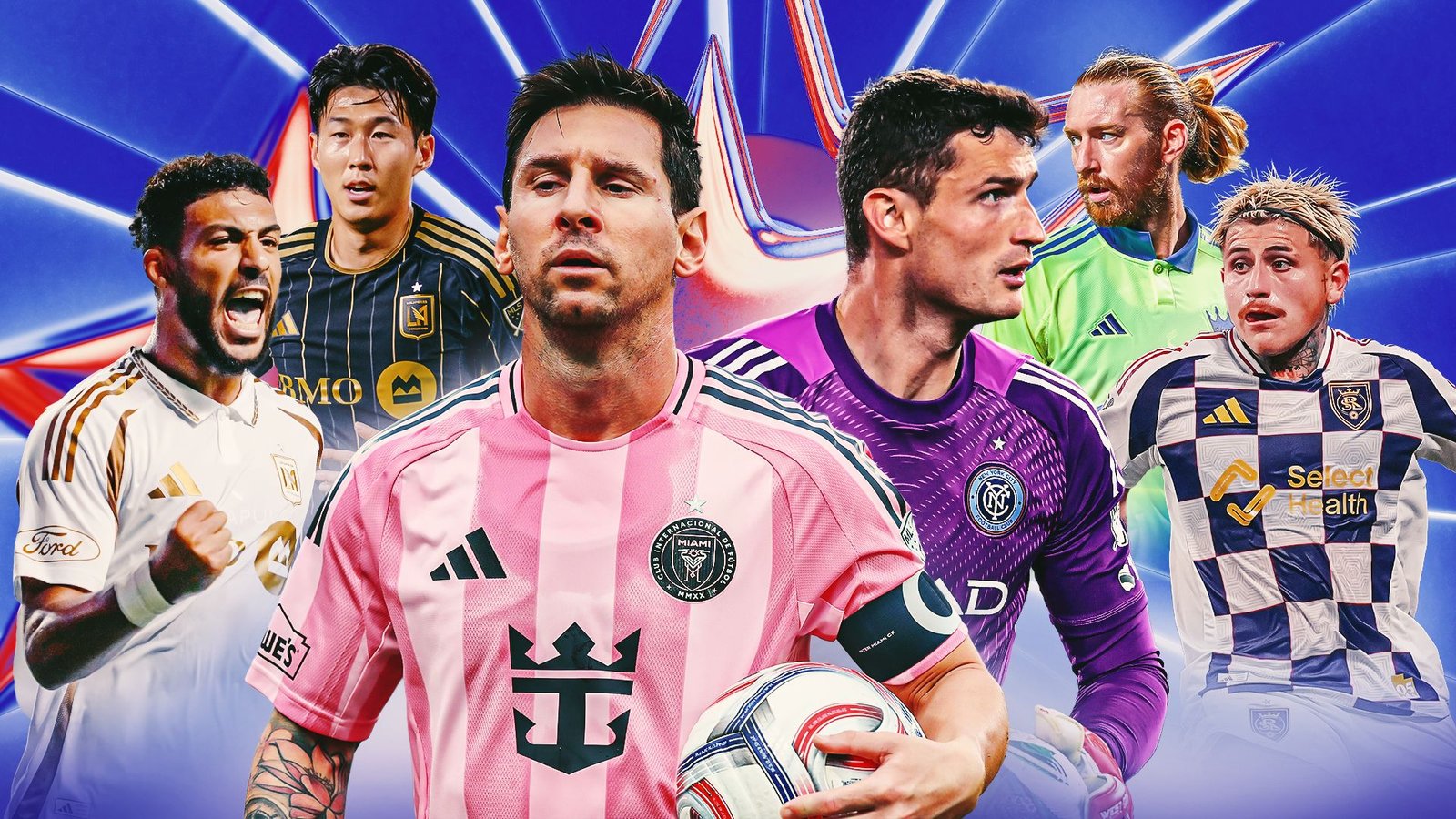 Lionel Messi in a pink jersey leads a vibrant collage featuring MLS stars like Hwang Hee-chan, and goalkeepers in dynamic action.