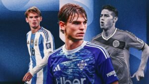 Nico Paz in a blue FC Como jersey, flanked by players in Argentina and Colombia kits, highlighting potential impact in World Cup 2026.