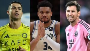 Ronaldo in het gele tenue van Al Nassr, Giannis Antetokounmpo in een grijze outfit en Messi in het roze tenue van Inter Miami, allen prominent in beeld.