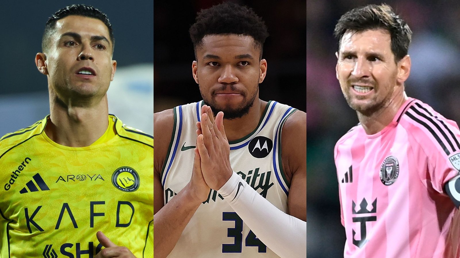 Ronaldo in het gele tenue van Al Nassr, Giannis Antetokounmpo in een grijze outfit en Messi in het roze tenue van Inter Miami, allen prominent in beeld.