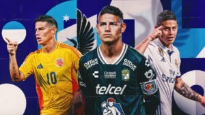 James Rodríguez featured in three kits: Colombia's yellow, León's black, and Real Madrid's white, showcasing his football journey.