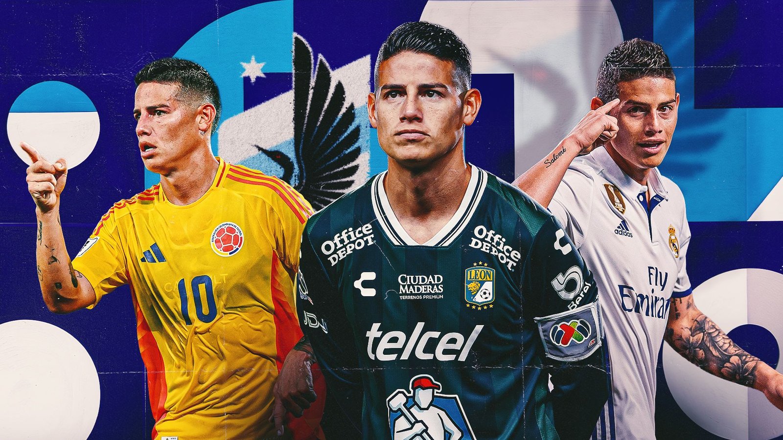 James Rodríguez featured in three kits: Colombia's yellow, León's black, and Real Madrid's white, showcasing his football journey.