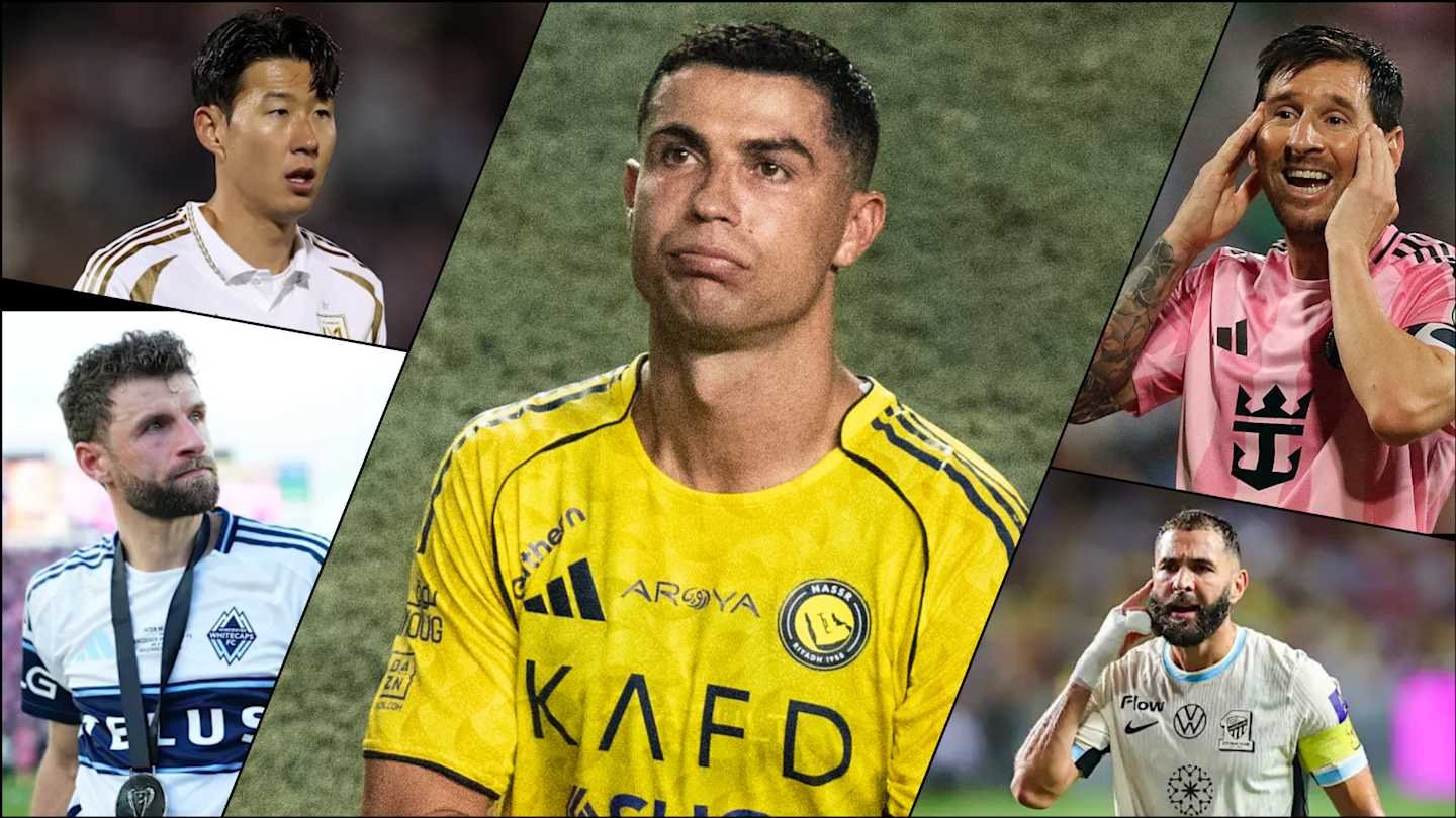 Cristiano Ronaldo in a yellow Al Nassr kit with a contemplative expression, surrounded by images of players Son Heung-min, Messi, and Benzema.