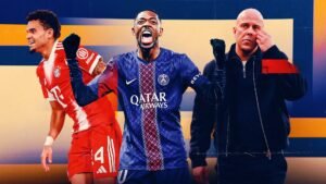 Ousmane Dembélé célèbre en tenue du PSG, encadré par un joueur du Bayern et un entraîneur concentré, illustrant la tension des récents matches de football.
