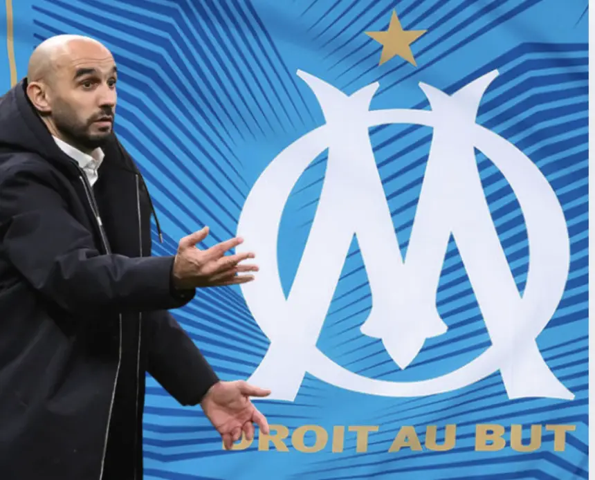 Walid Regragui gesturing passionately beside the Olympique de Marseille logo, featuring blue and white colours with a gold star above.