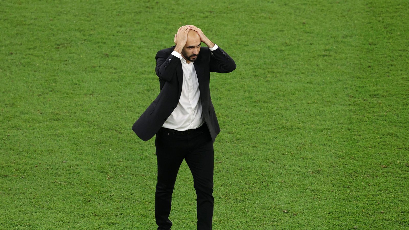 Walid Regragui shows visible frustration as he holds his head, standing on the lush green pitch during a tense moment in a match.