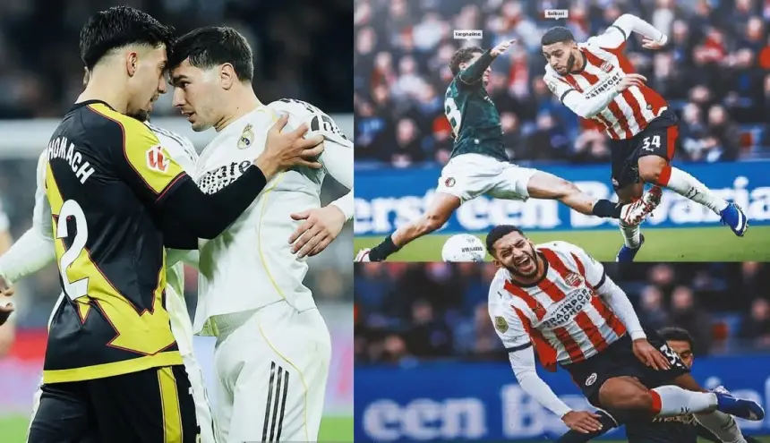 Intense confrontation between Real Madrid and PSV players, showcasing key moments from a thrilling match in European competition.