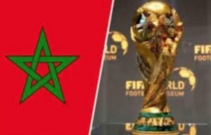 Moroccan flag alongside the FIFA World Cup trophy, symbolising Morocco's participation in the 2026 World Cup.