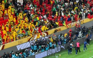 Senegalese supporters in vibrant yellow and green celebrate, alongside Moroccan fans in red, creating a lively atmosphere at a football final.